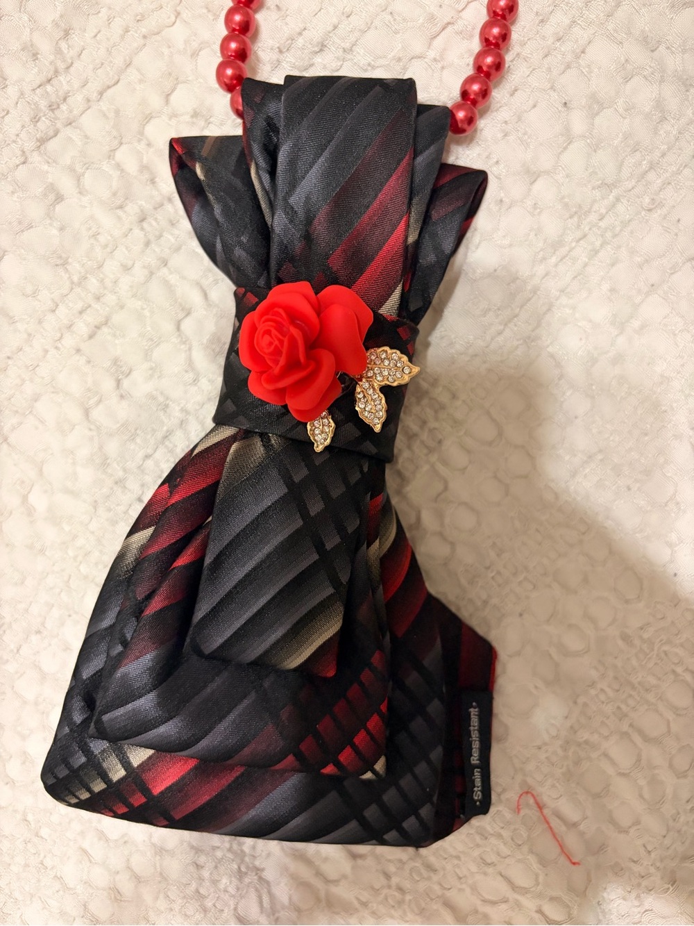Black and Red Floral Tie Brooch Accent - Unbranded